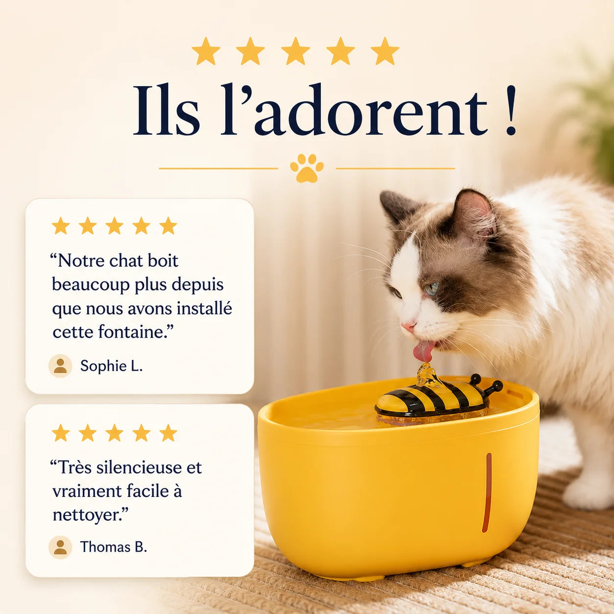Avis clients sur la fontaine à eau pour chat AquaBee montrant une meilleure hydratation et un nettoyage facile