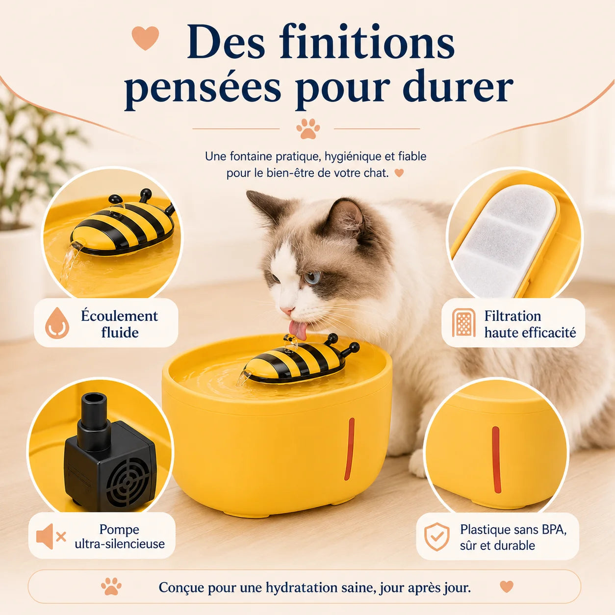 Fontaine à eau pour chat AquaBee avec écoulement fluide, filtration haute efficacité, pompe ultra-silencieuse et plastique sans BPA