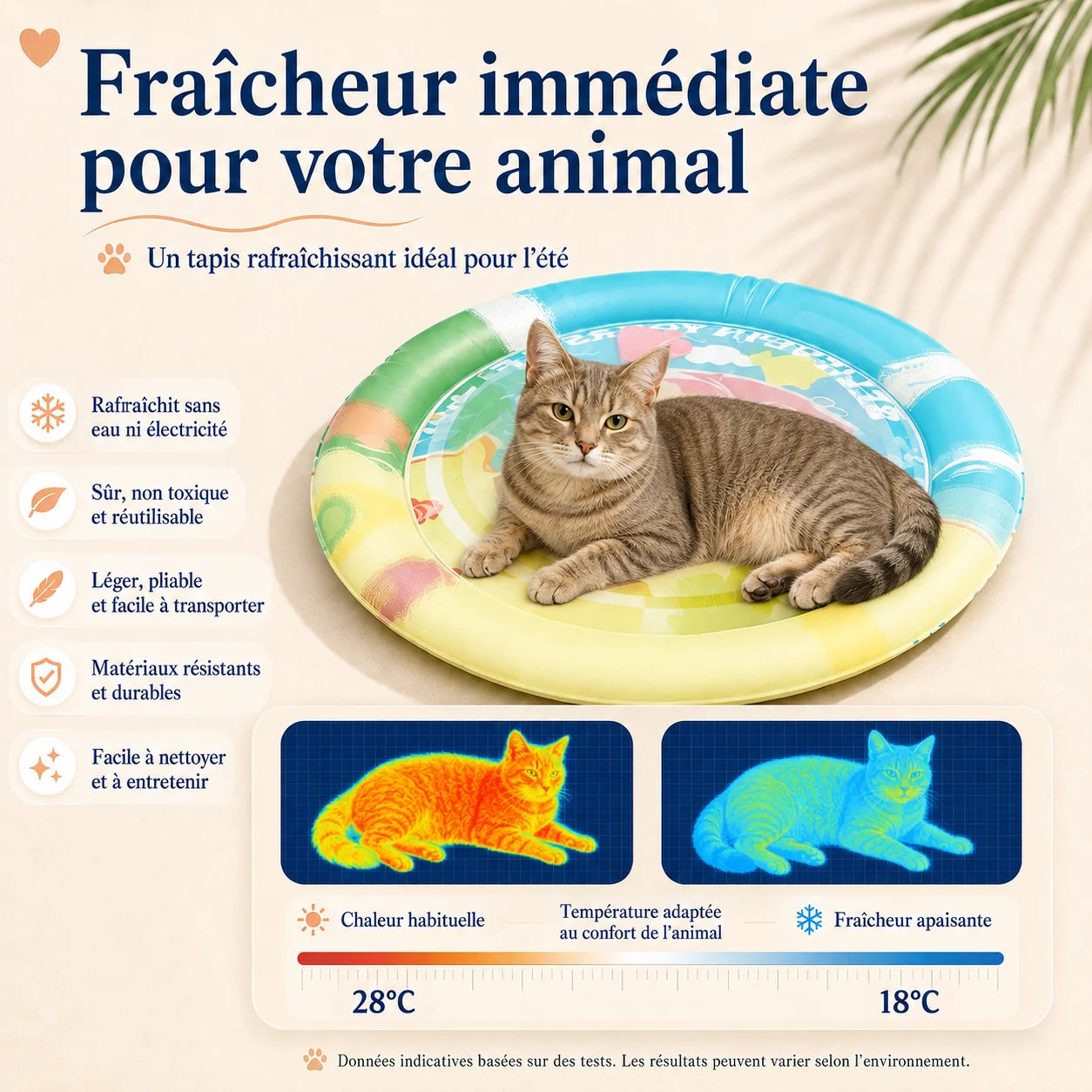 Chat couché sur le tapis rafraîchissant AquaFresh avec surface fraîche naturelle idéale en été