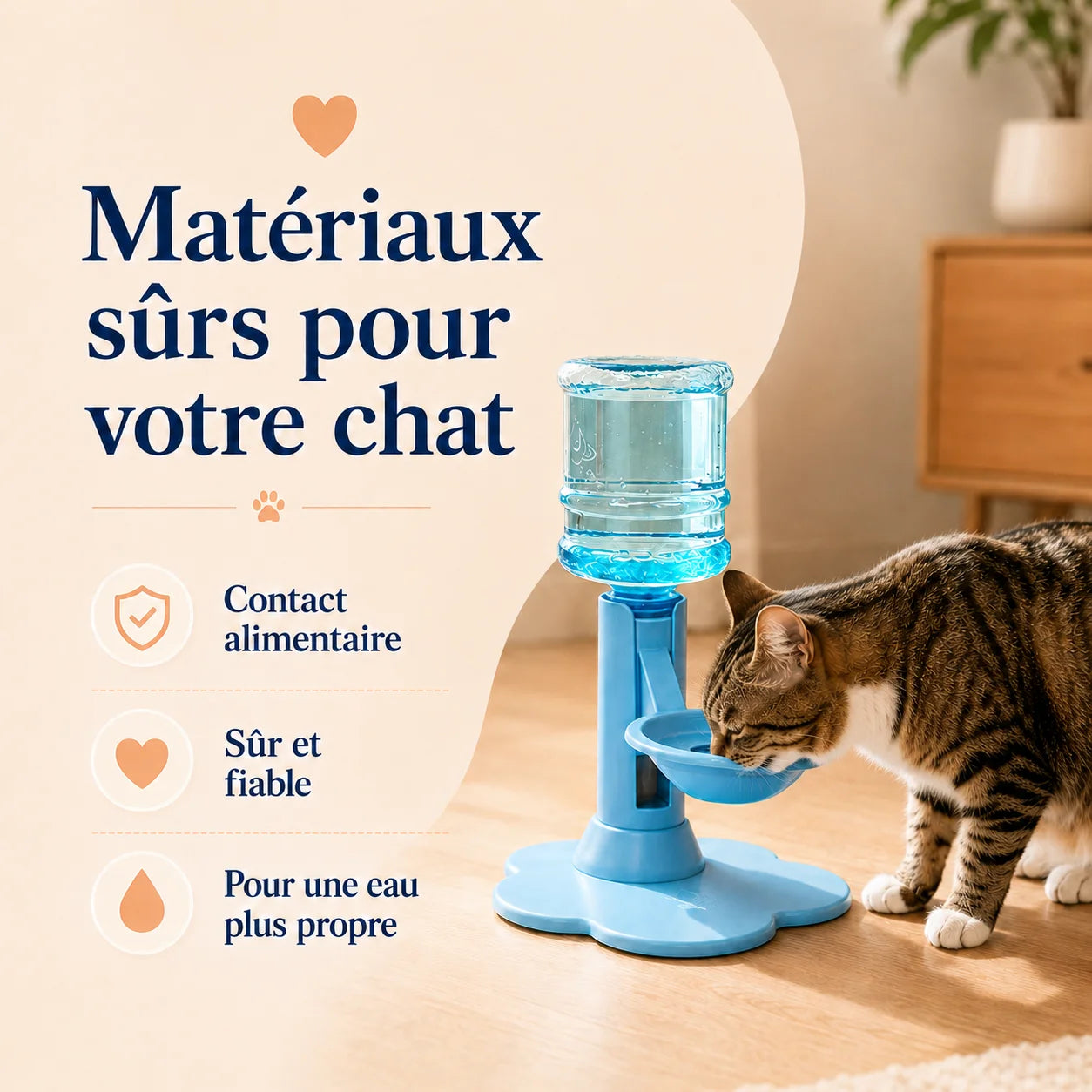Fontaine à eau chat AquaZen sans électricité avec matériaux sûrs, contact alimentaire et chat qui boit