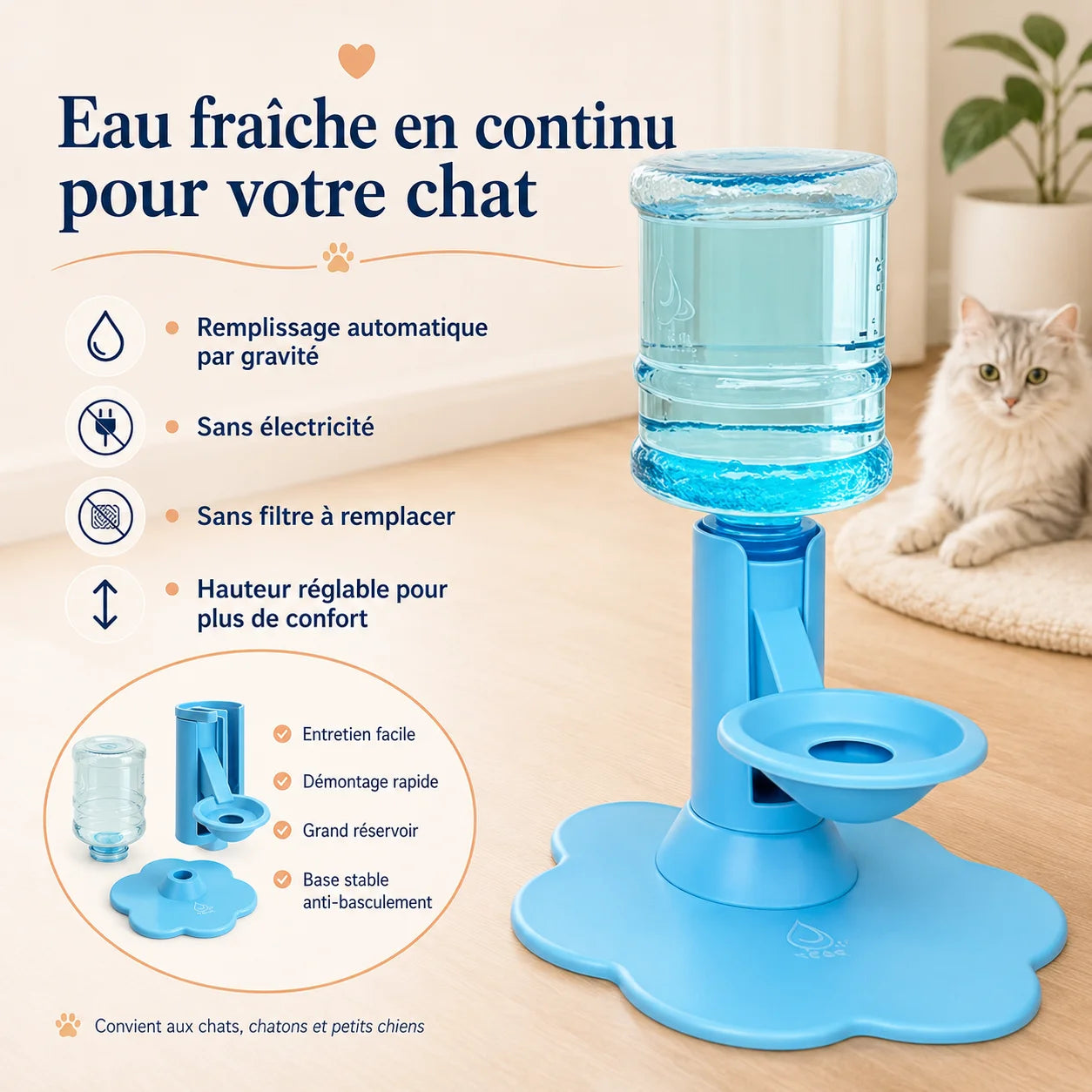 Fontaine à eau chat AquaZen sans électricité ni filtre avec hauteur réglable, démontage rapide et base stable