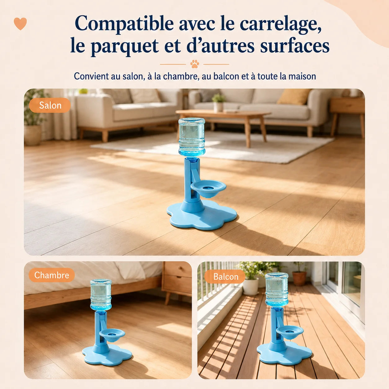 Fontaine à eau chat AquaZen compatible salon, chambre et balcon, stable sur parquet et carrelage