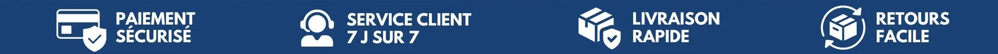 Bandeau de réassurance Oaura avec paiement sécurisé, service client 7j sur 7, livraison rapide et retours faciles