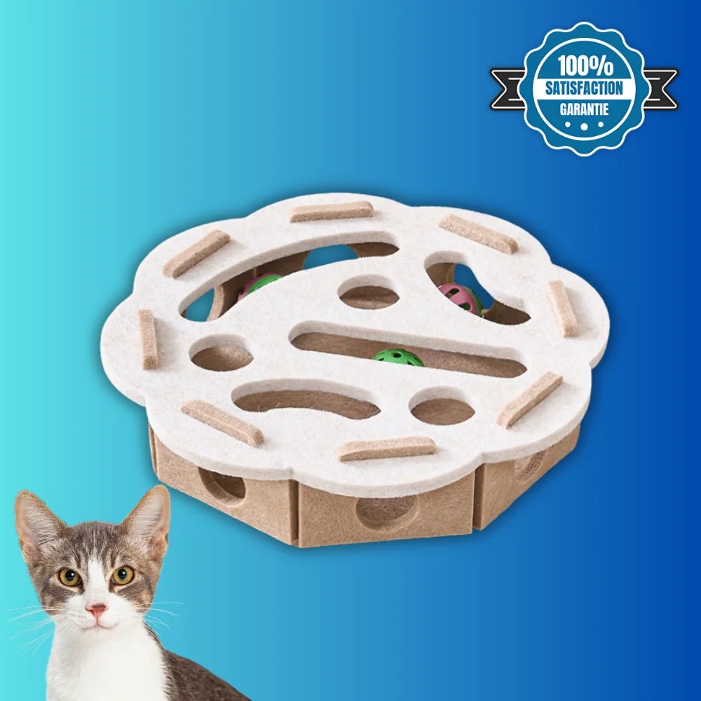 Boîte interactive BoxiCat ronde blanche avec labyrinthe et balles pour stimuler le chat