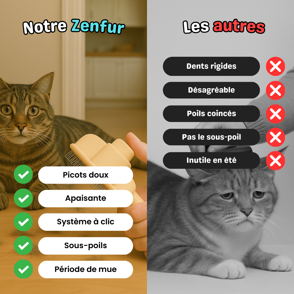 Comparatif ZenFur avec picots doux, système à clic et retrait du sous-poil