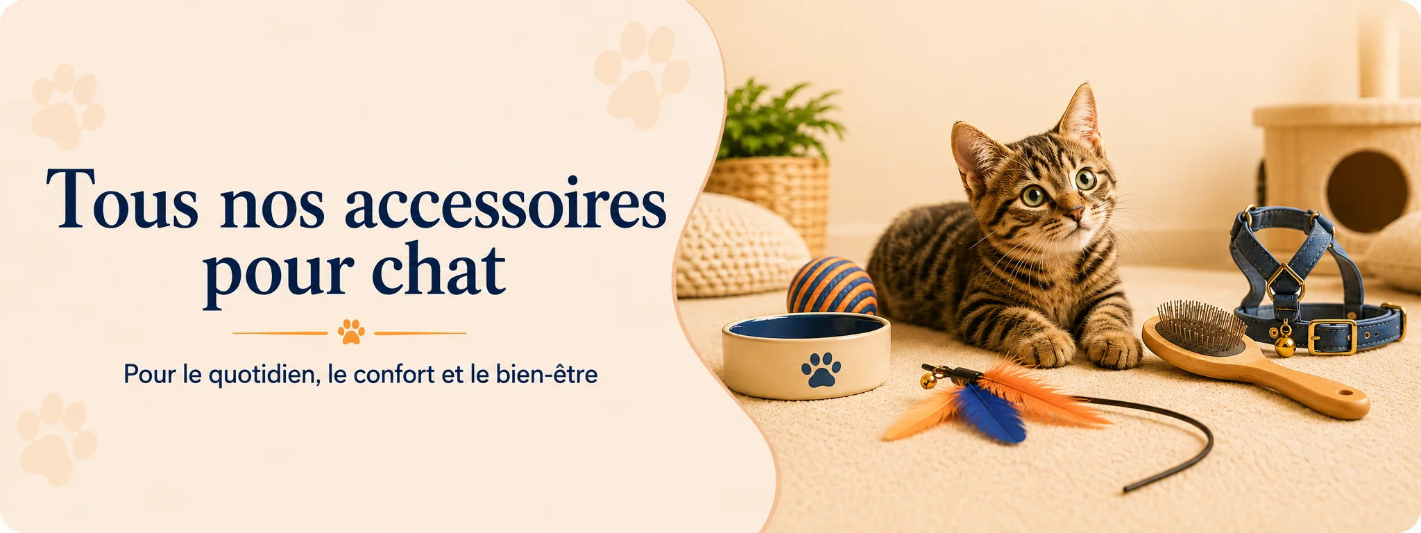Chat entouré d’accessoires avec gamelle, jouet, brosse, collier et harnais