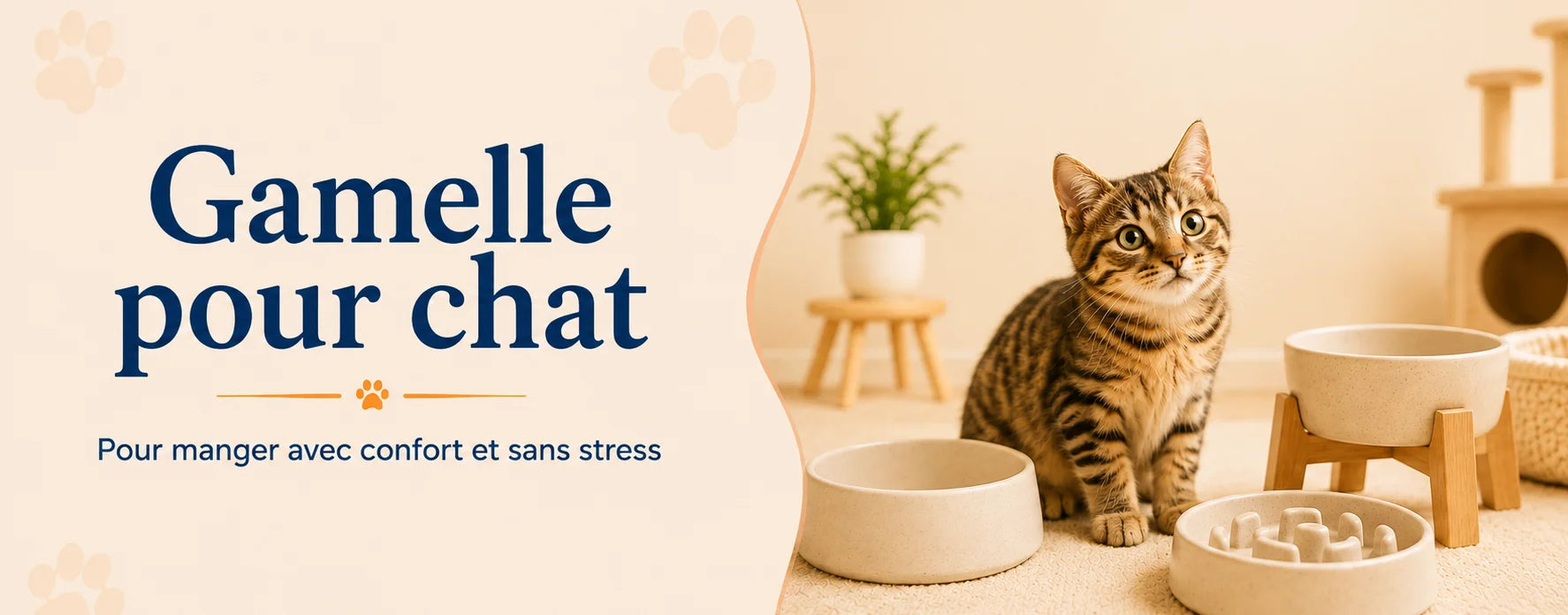 Chat entouré d’une gamelle classique, d’une gamelle surélevée et d’une gamelle anti-glouton