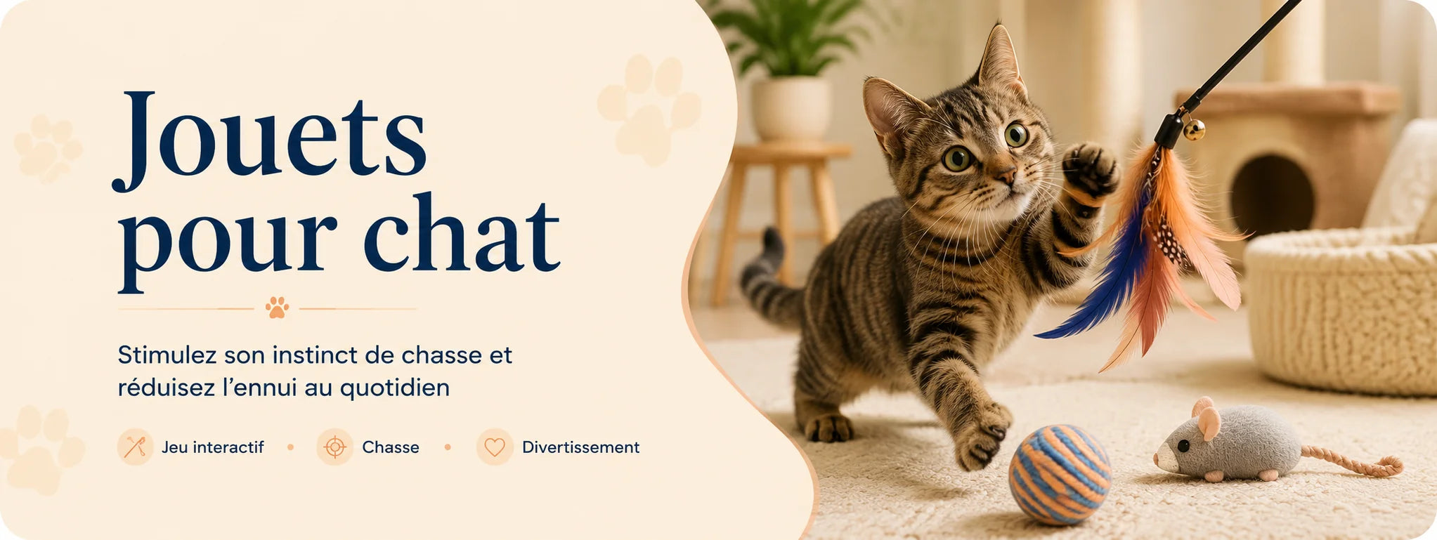 Chat jouant avec un plumeau, une balle et une souris dans la collection de jouets pour chat