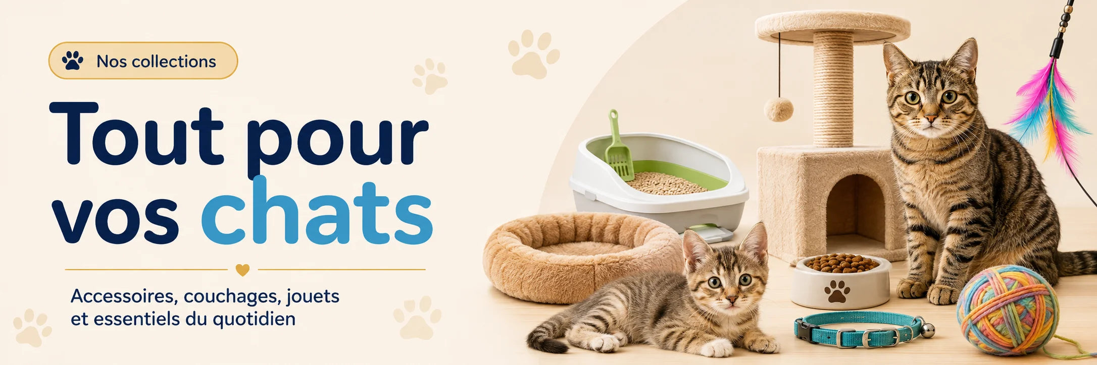 Bandeau collections Oaura avec accessoires, couchages, jouets et essentiels du quotidien pour chats