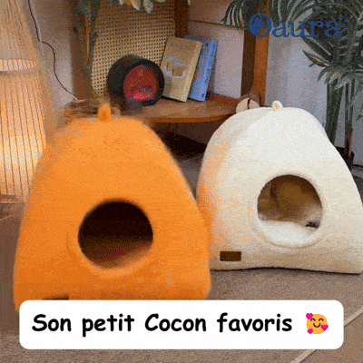 GIF de présentation de la tente pour chat CozyDen montrant son cocon anti-stress, ses 2 tailles et ses différents coloris