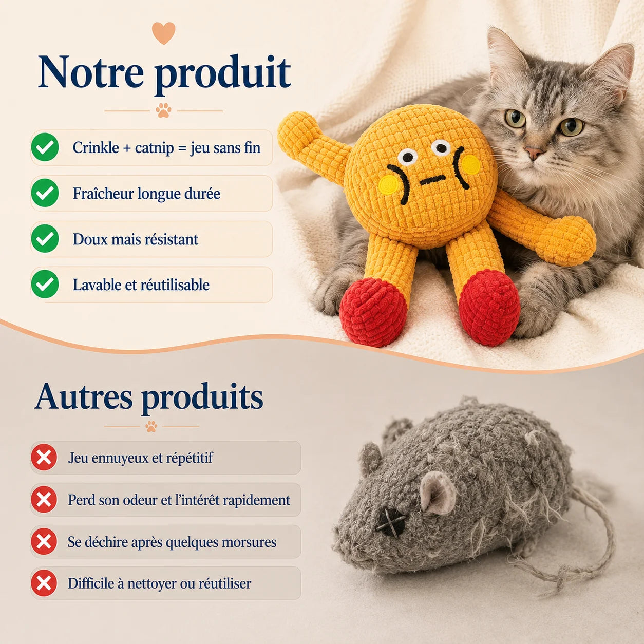 Comparatif de la peluche anti-stress pour chat CrinkleCat avec un jouet classique
