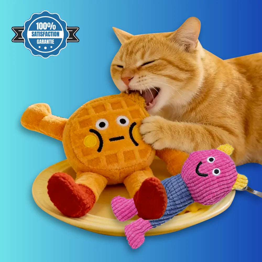 Chat jouant avec le doudou dentaire anti-stress CrinkleCat