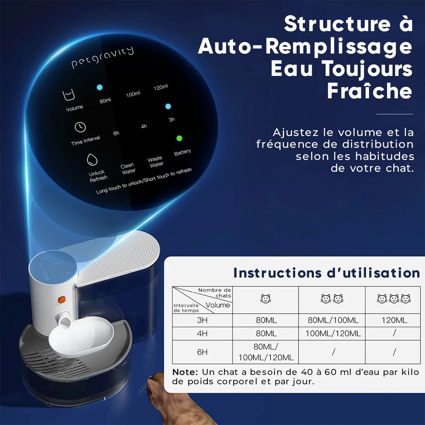 Fontaine à eau pour chat à auto-remplissage avec réglage du volume et de la fréquence