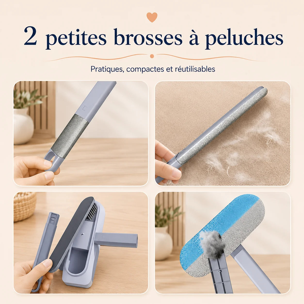FurSweep ramasse poil chat avec 2 petites brosses intégrées pour nettoyer les textiles