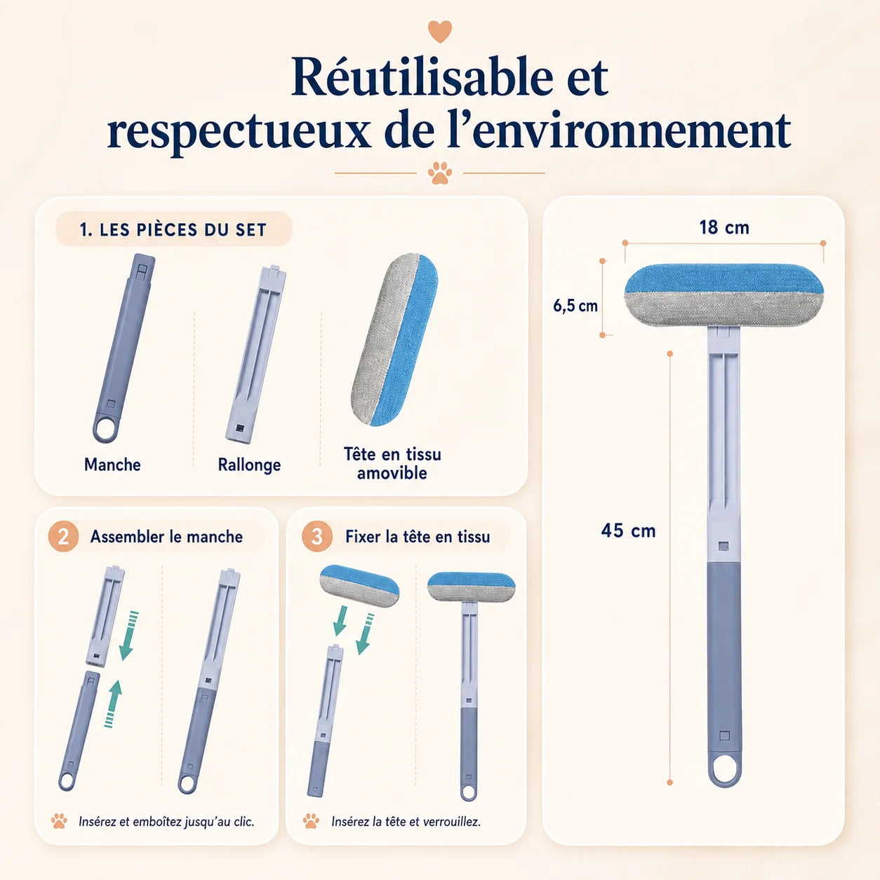 Dimensions du ramasse poil chat FurSweep réutilisable avec manche de 45 cm et tête de 18 cm