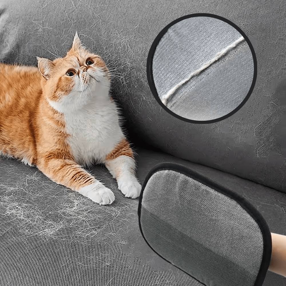 Gant anti-poils PawsGlove retirant les poils de chat sur canapé gris