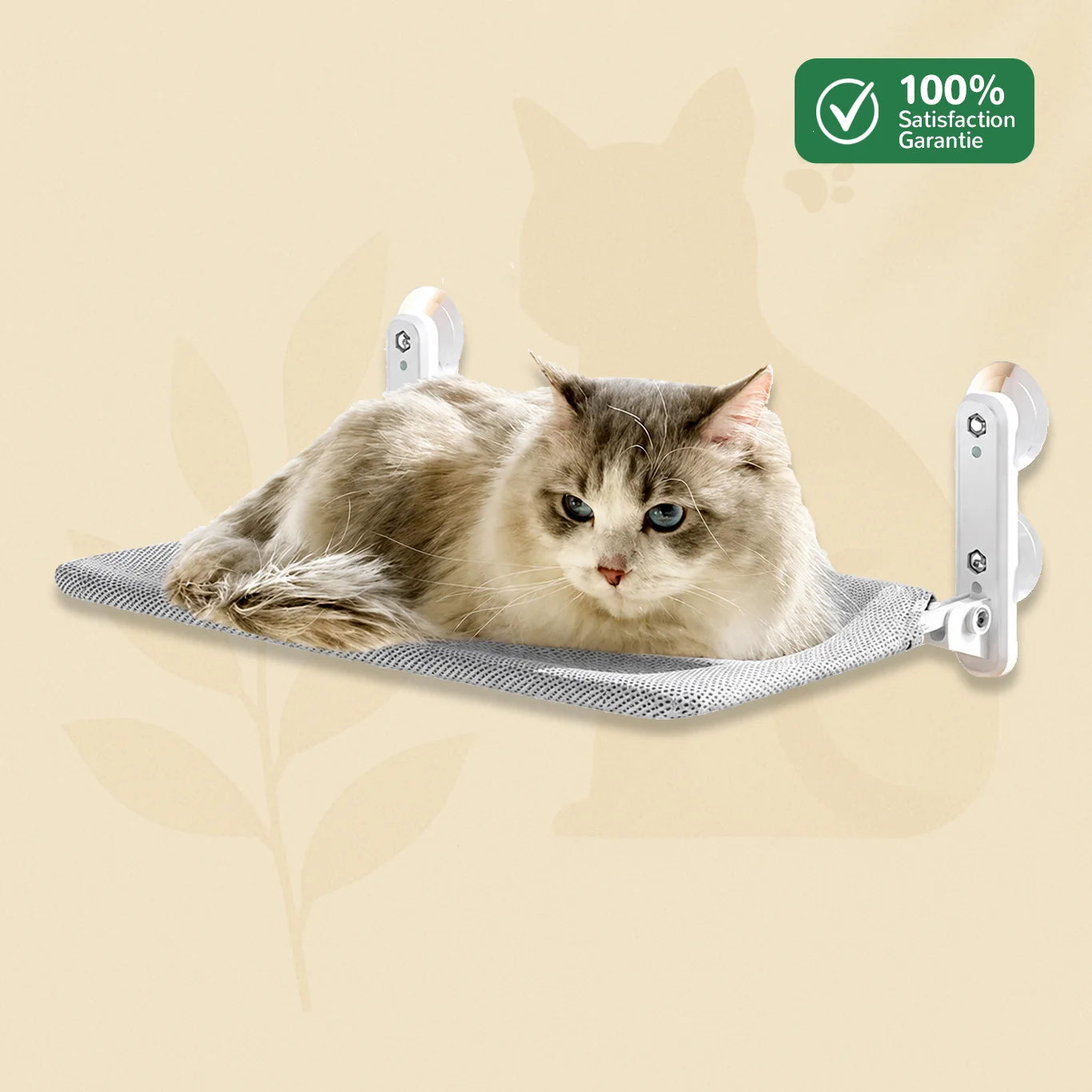 Hamac pour chat à ventouses HamaCat fixé à la fenêtre avec chat installé dessus