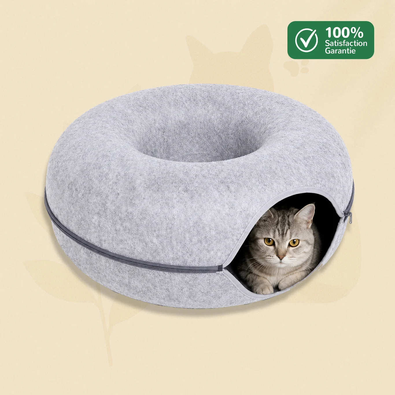 Lit donut pour chat Nideo gris clair avec ouverture grotte et zip central