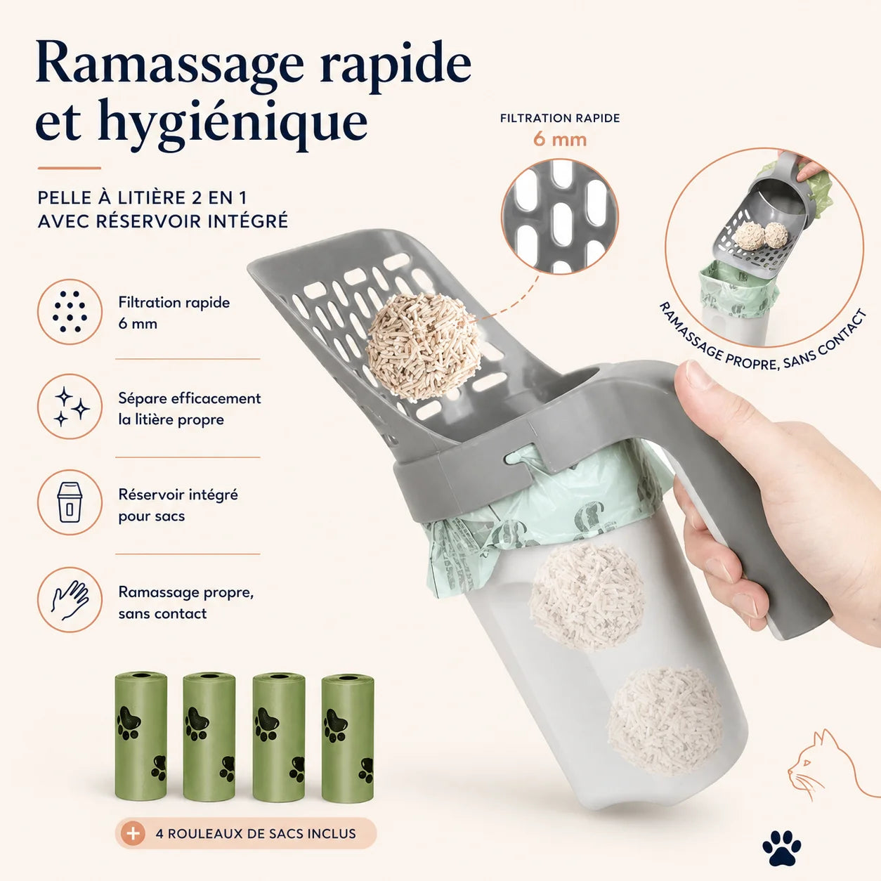 Pelle à litière chat ScoopKit avec grille filtrante et sac intégré pour déchets