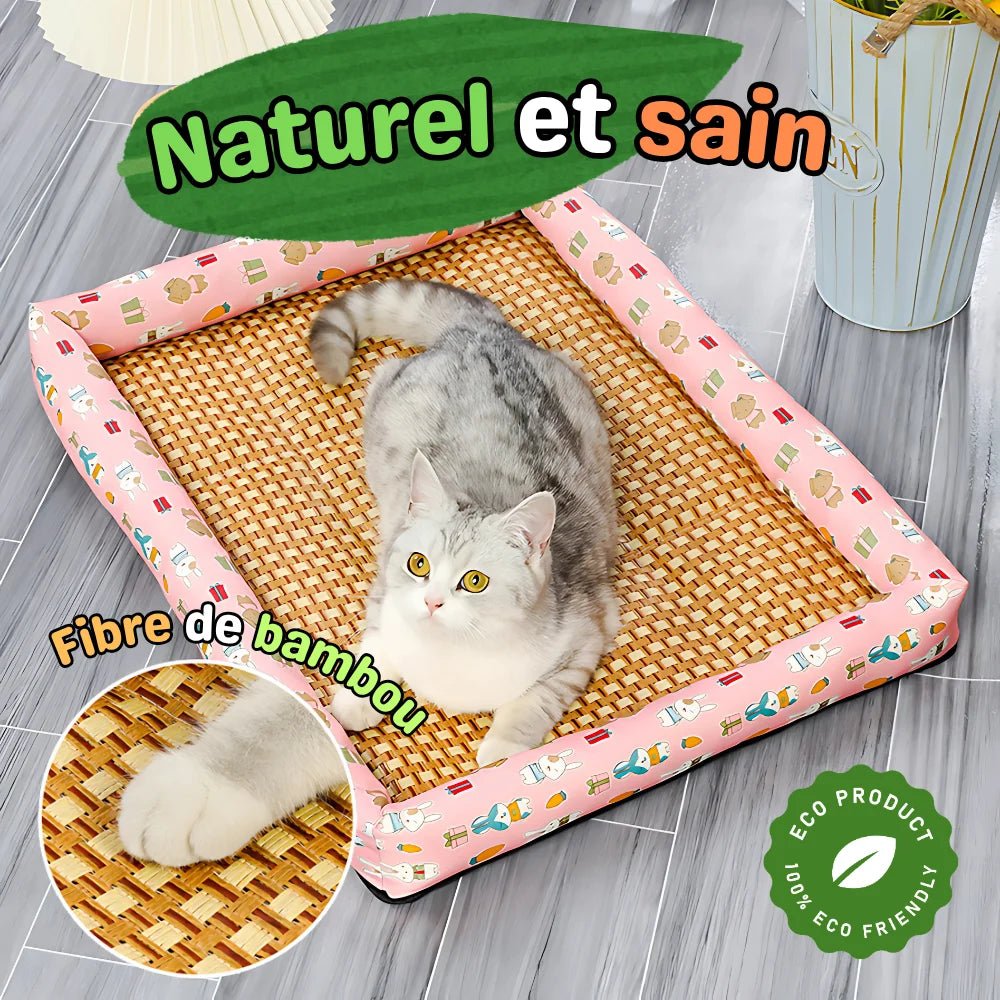 Chat installé sur le tapis rafraîchissant NooMat en fibre de bambou naturelle