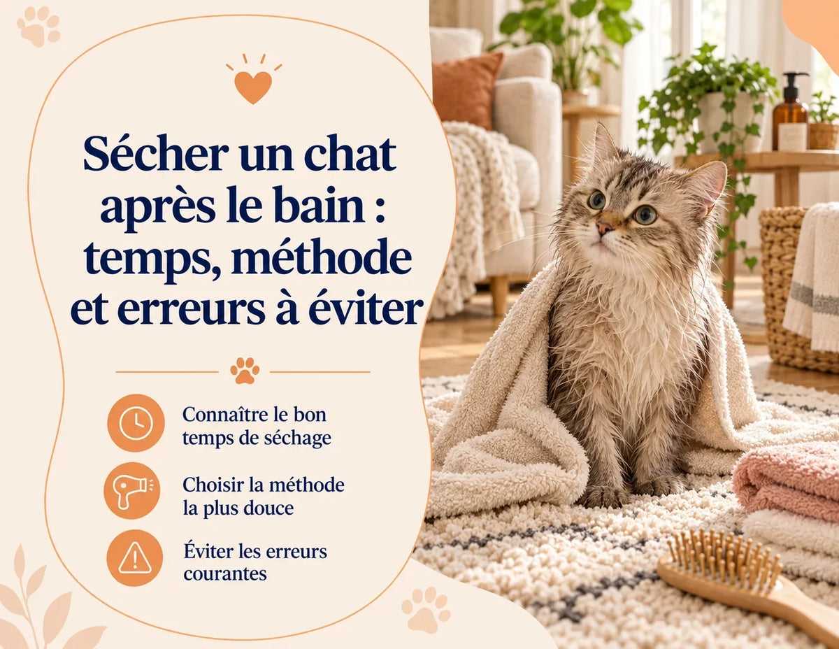 Sécher un chat après le bain : temps, méthode et erreurs à éviter