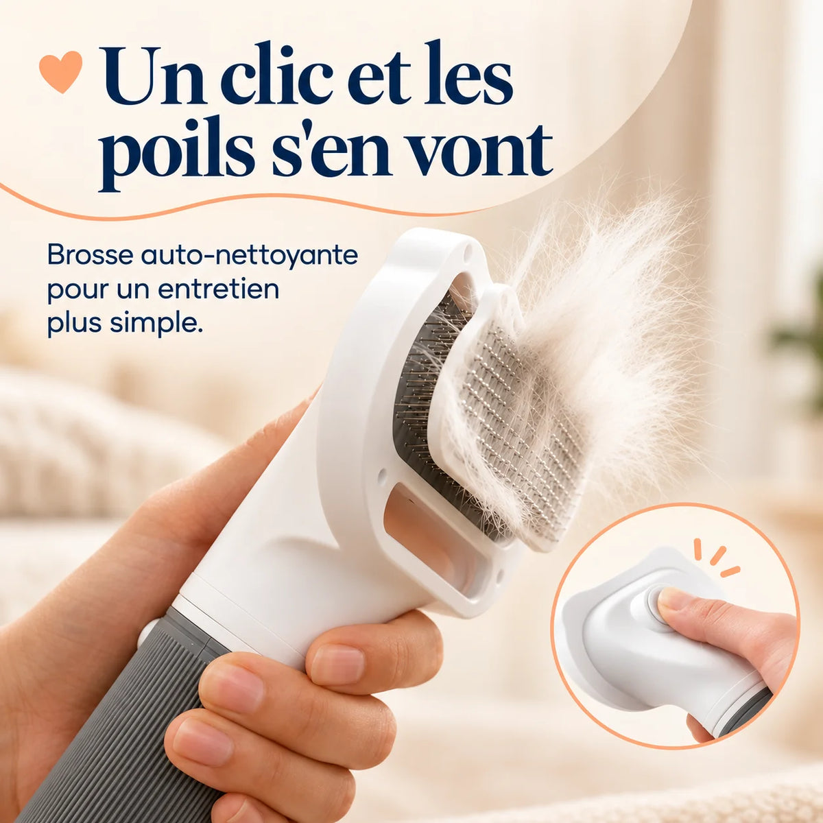 Système autonettoyant AirFur avec éjection facile des poils en un clic après le brossage
