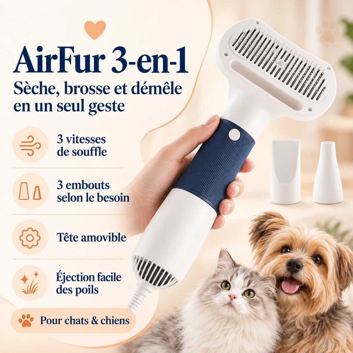 Sèche-poils AirFur 3-en-1 pour chat et chien avec 3 vitesses de souffle, 3 embouts et tête amovible