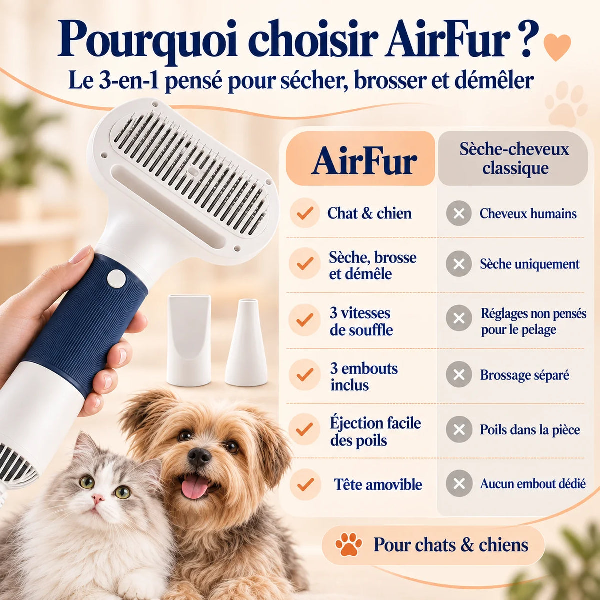 Comparatif AirFur face à un sèche-cheveux classique avec fonction sèche, brosse et démêle pour chat et chien