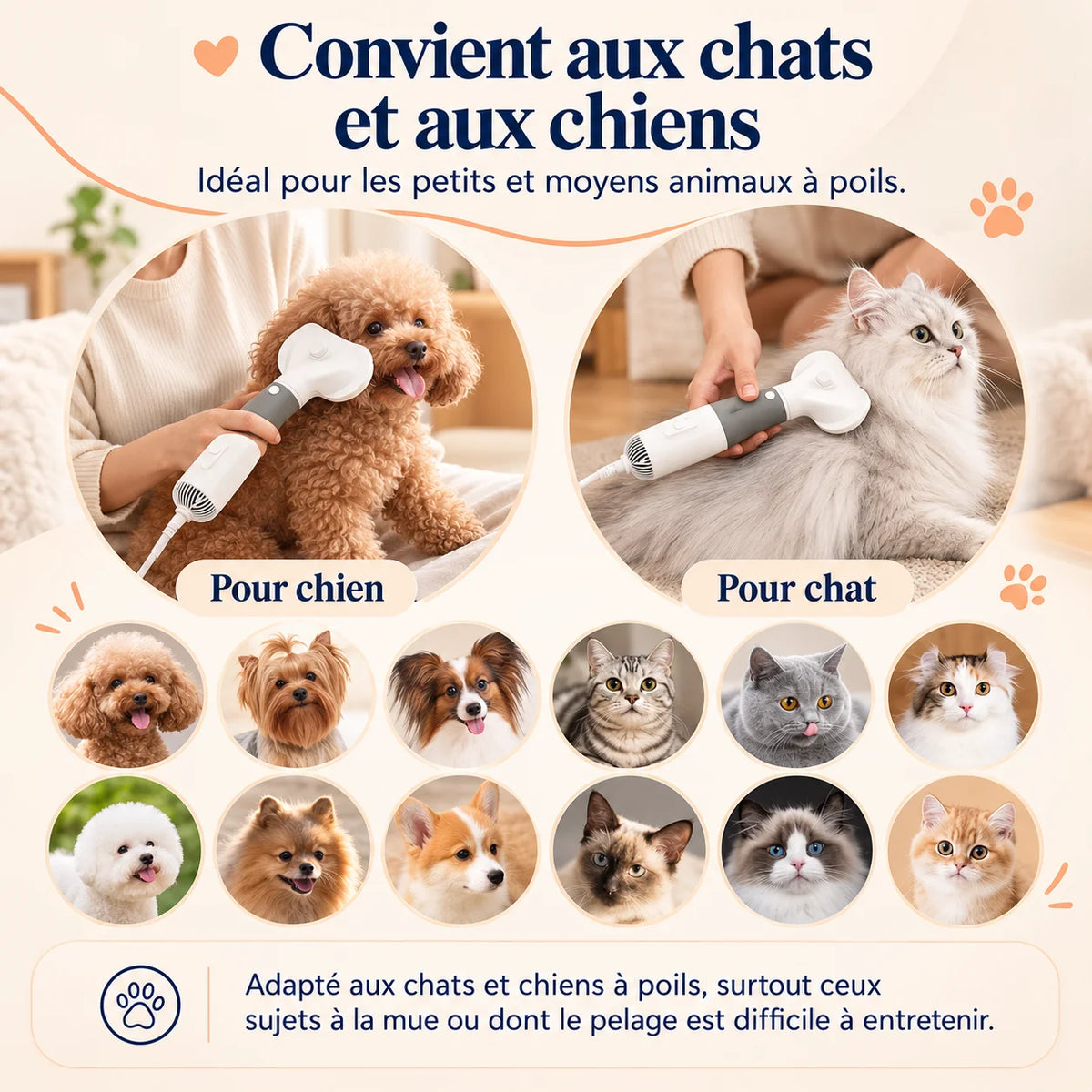AirFur compatible chats et chiens à poils, idéal pour les petits et moyens animaux sujets à la mue