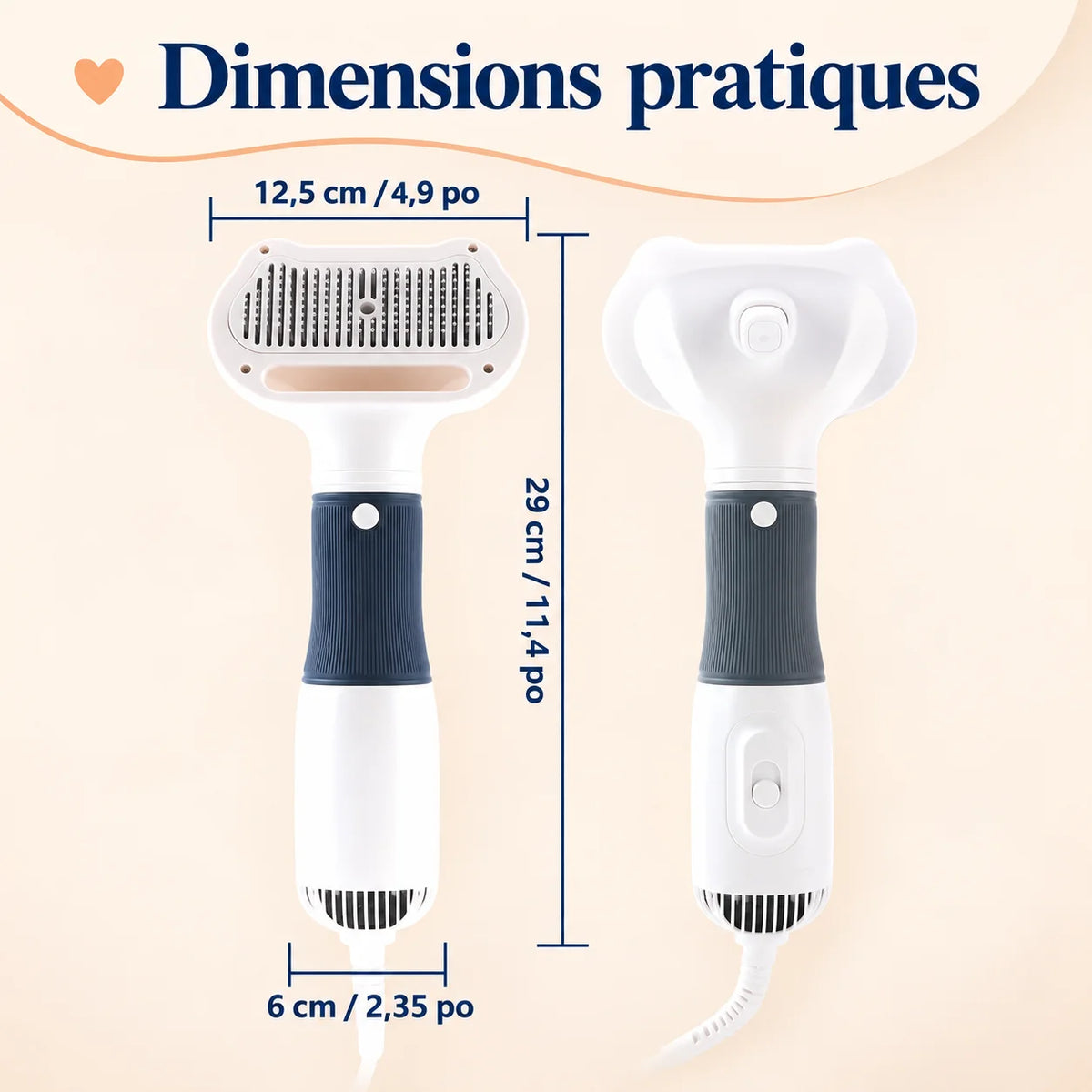 Dimensions du sèche-poils AirFur pour chat et chien avec longueur 29 cm, tête 12,5 cm et poignée 6 cm