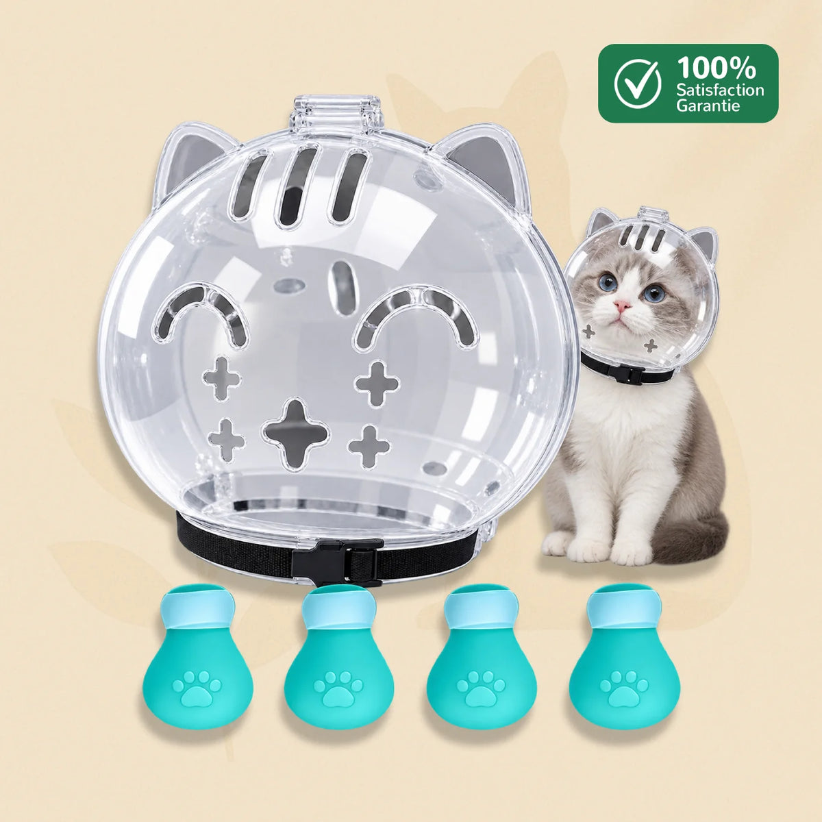 Protection CalmiCat pour chat avec coque transparente et quatre patins en silicone