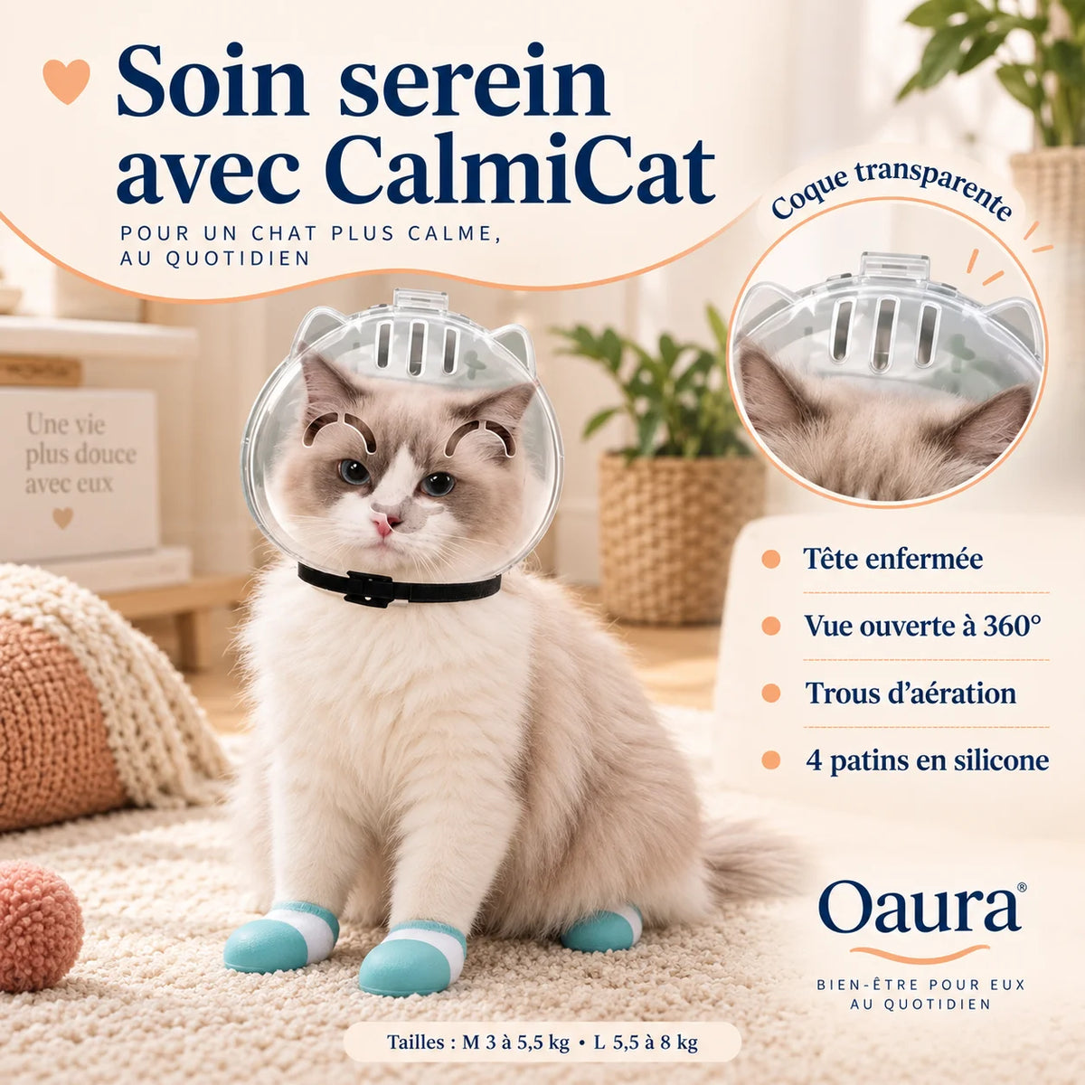 Alternative à la collerette pour chat CalmiCat avec coque transparente et protections de pattes