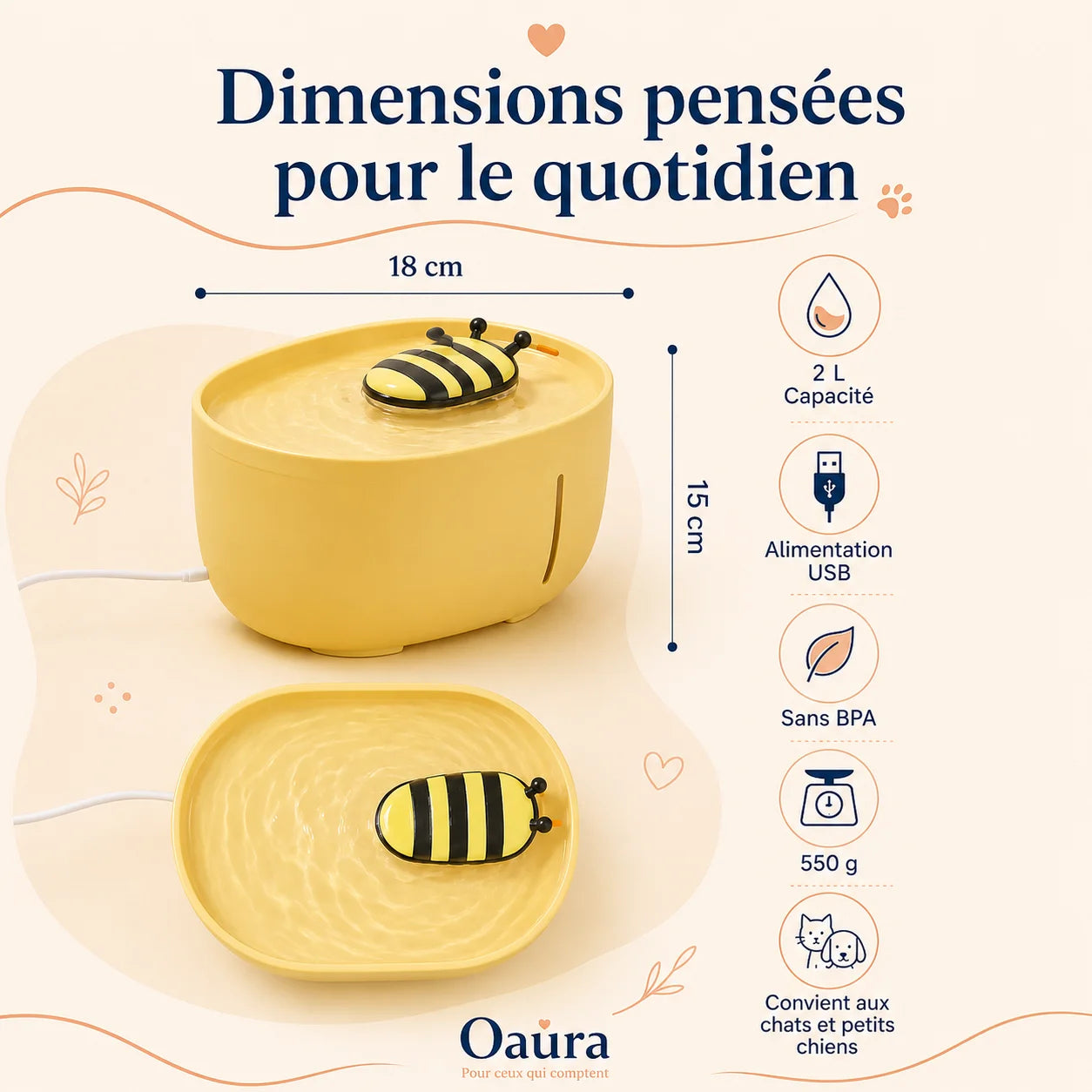 Dimensions de la fontaine à eau pour chat AquaBee : 18 x 15 cm, capacité 2 L, alimentation USB et plastique sans BPA