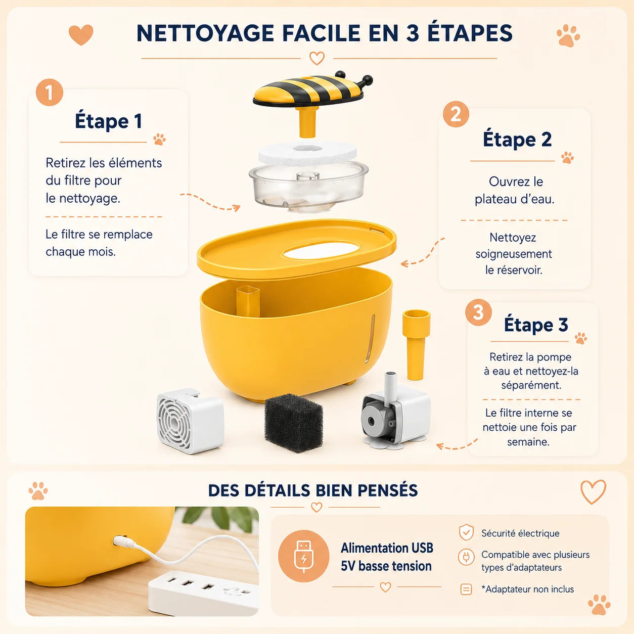 Guide de nettoyage de la fontaine à eau pour chat AquaBee en 3 étapes avec entretien du filtre, du réservoir et de la pompe