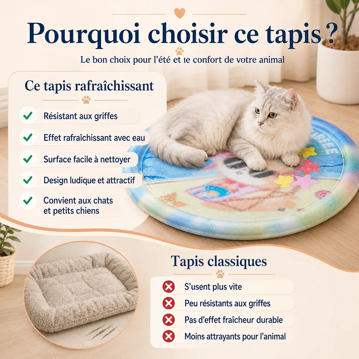 Comparatif AquaFresh tapis rafraîchissant pour chat avec effet fraîcheur, surface résistante et design ludique face à un tapis classique