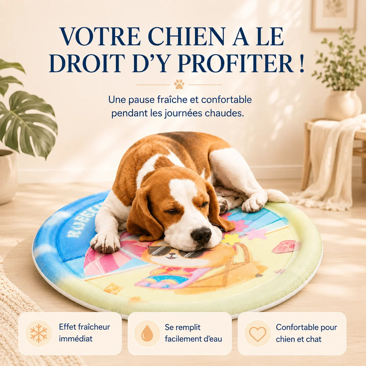 Chien installé sur le tapis rafraîchissant AquaFresh compatible chat et chien