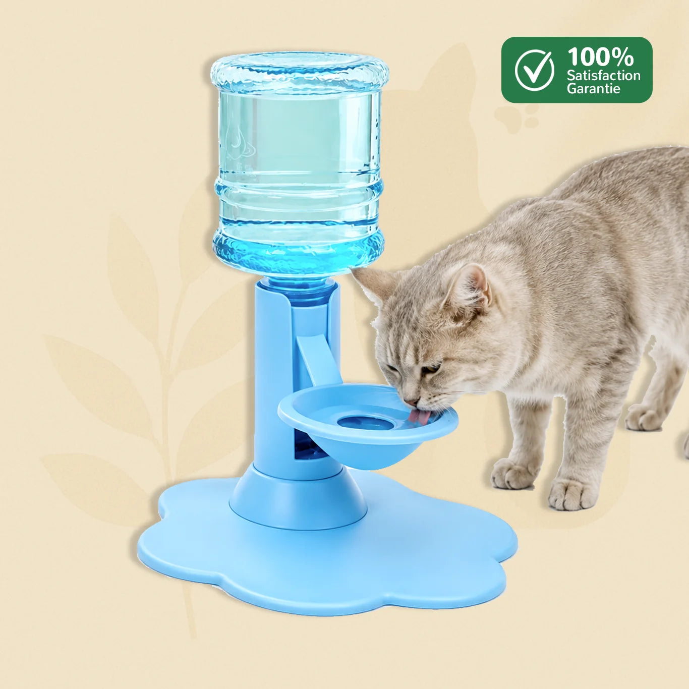 Fontaine à eau chat AquaZen bleue sans filtre avec remplissage par gravité et chat qui boit