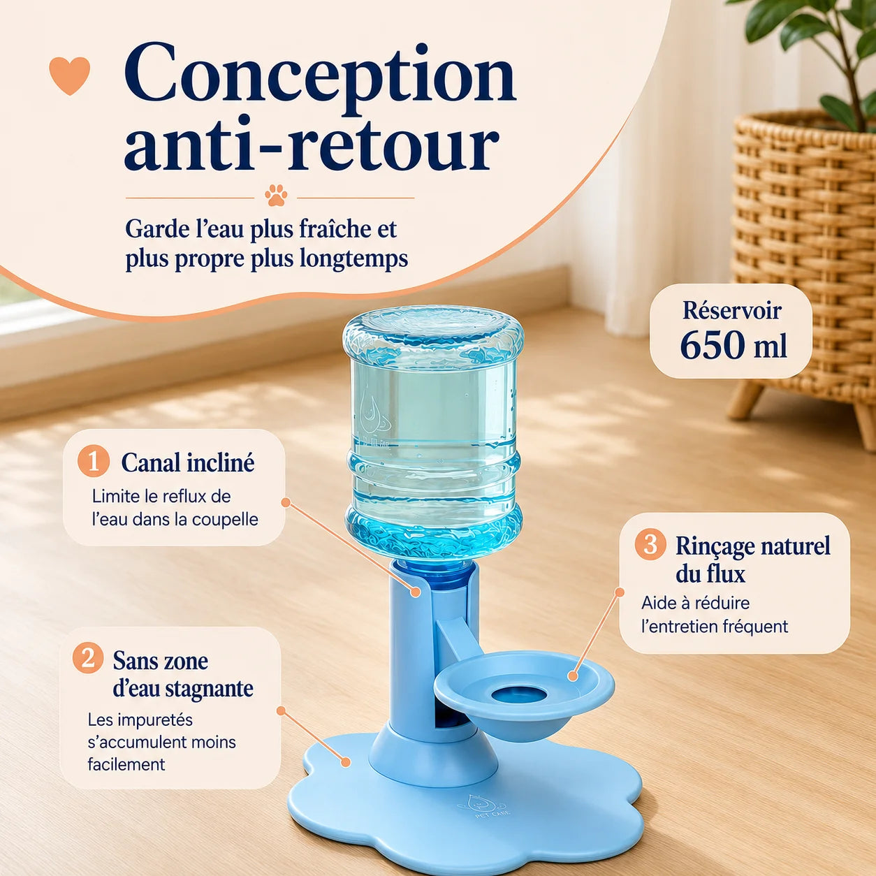 Fontaine à eau chat AquaZen avec conception anti-retour, réservoir 650 ml et gravité automatique