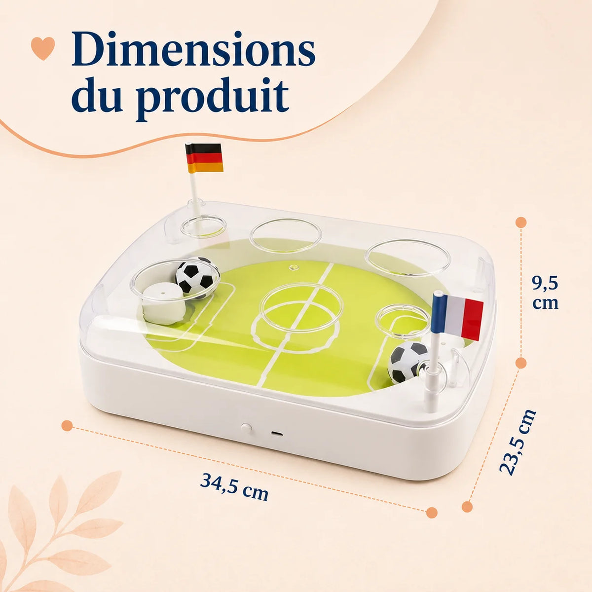 Dimensions ArenaCat : 34,5 × 23,5 × 9,5 cm - terrain de football compact pour intérieur