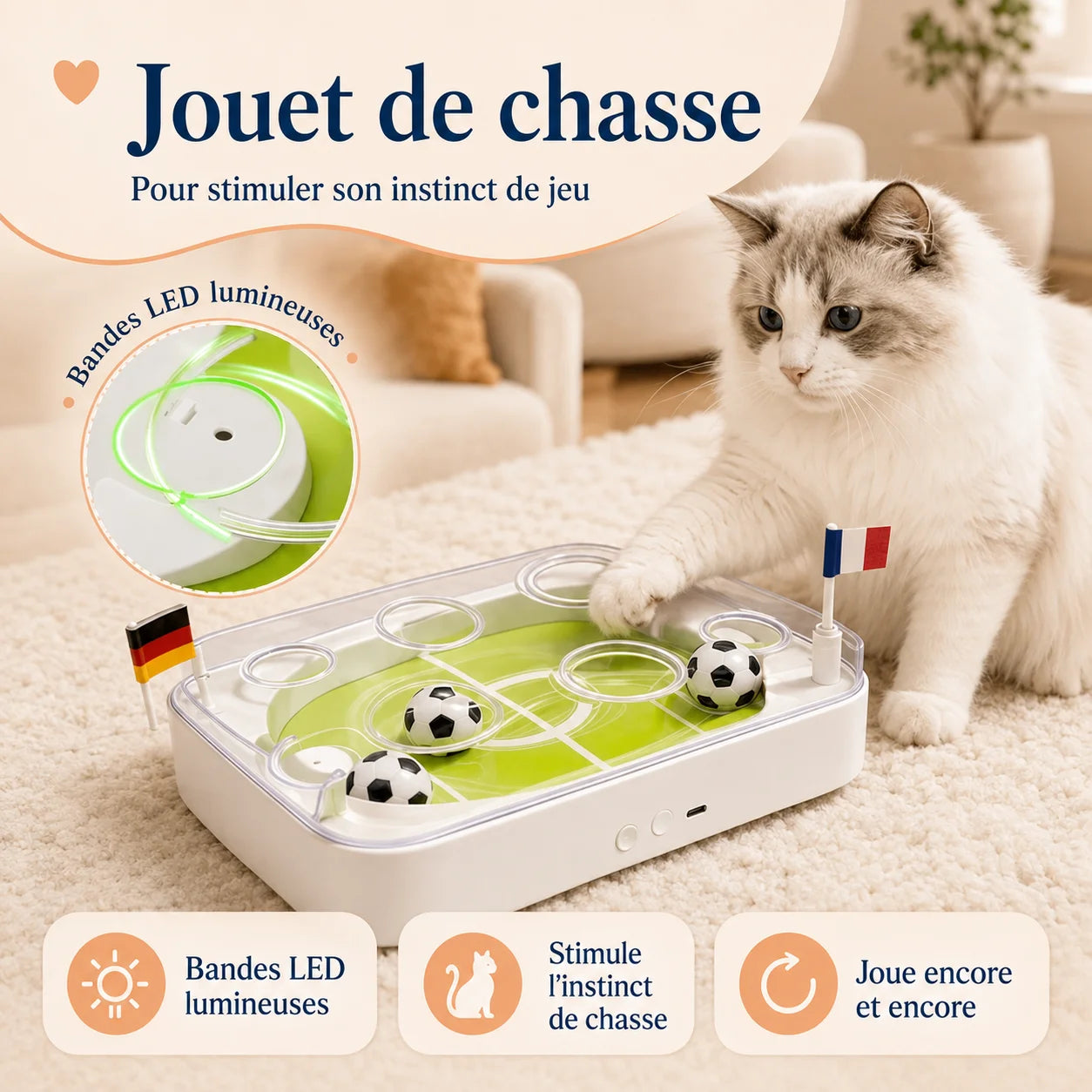 ArenaCat avec balles mobiles et bandes LED lumineuses - stimulation visuelle pour chat chasseur