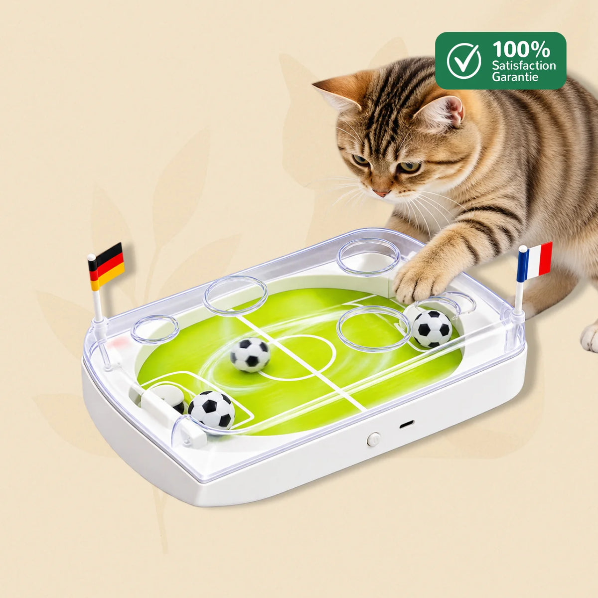ArenaCat terrain de football interactif pour chat - base blanche, couvercle transparent, balles mobiles