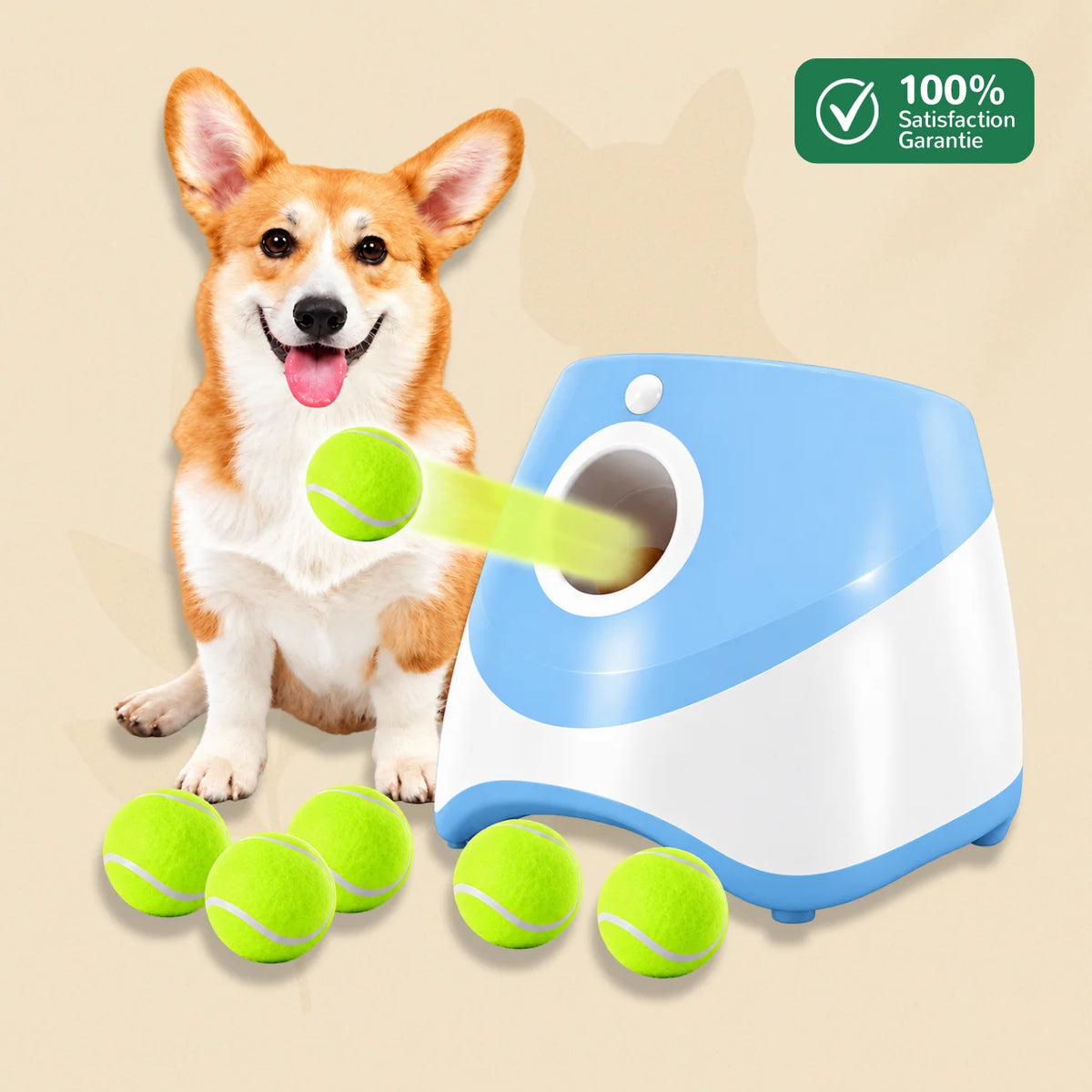 Lanceur de balle automatique BalliGo bleu avec chien et balles de tennis pour jeu interactif