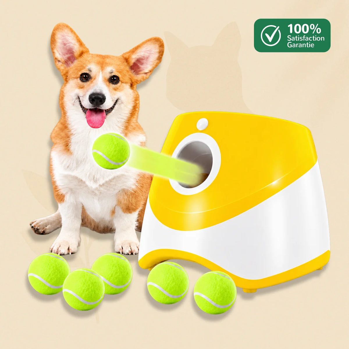 Lanceur de balle automatique BalliGo jaune avec chien, balles de tennis et lancement automatique