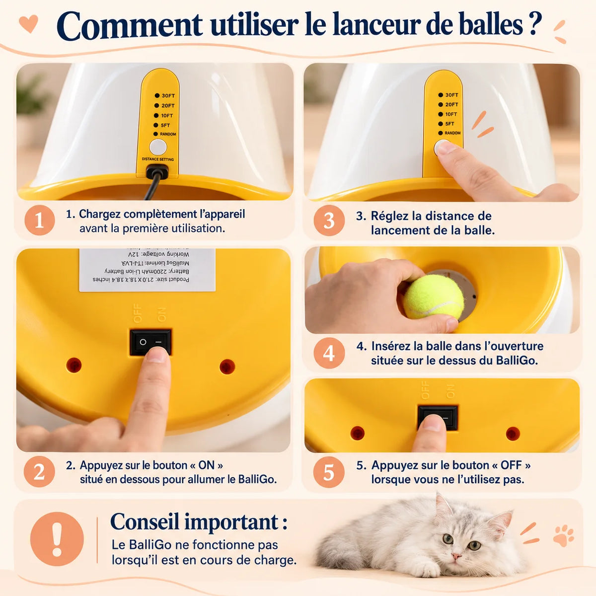 Mode d’emploi du lanceur automatique pour chien BalliGo avec chargement, réglage de distance, insertion de balle et bouton ON/OFF