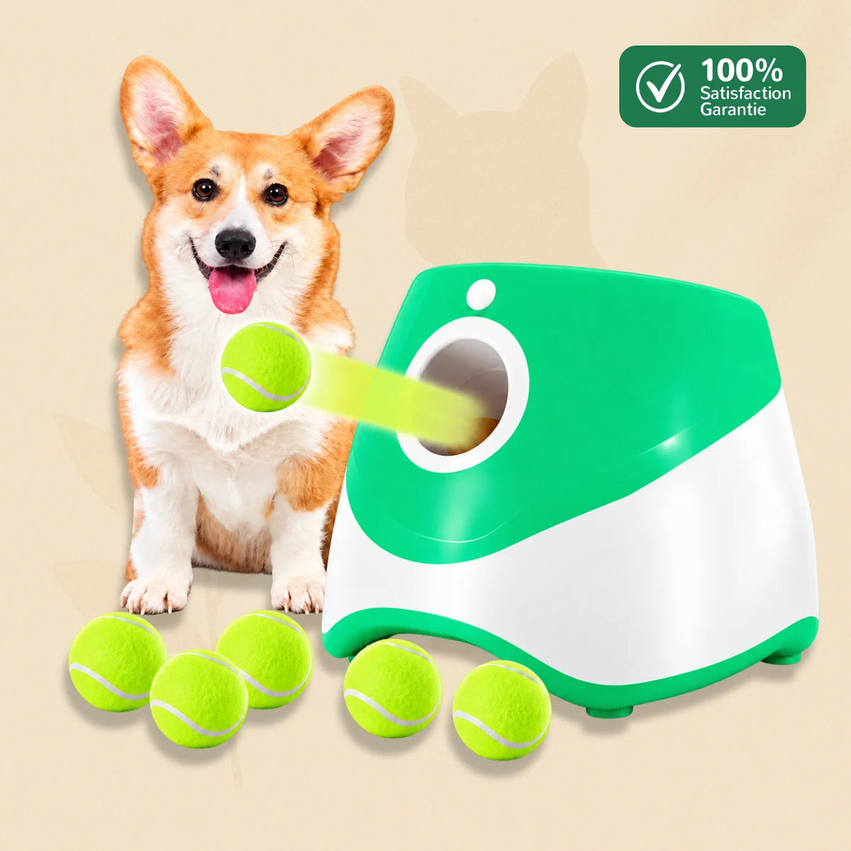 Lanceur de balle automatique BalliGo vert lançant une balle de tennis avec chien et balles incluses