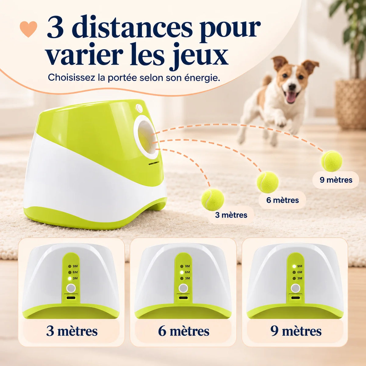 Lanceur automatique BalliGo avec 3 distances de lancer réglables à 3 mètres, 6 mètres et 9 mètres pour varier les jeux du chien