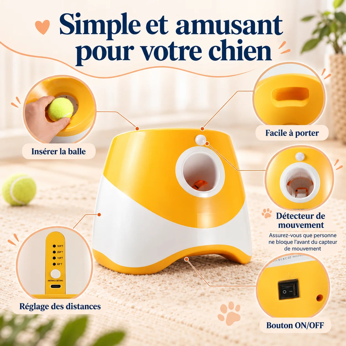 Lanceur de balles automatique BalliGo pour chien avec insertion de balle, réglage des distances, détecteur de mouvement et bouton ON/OFF