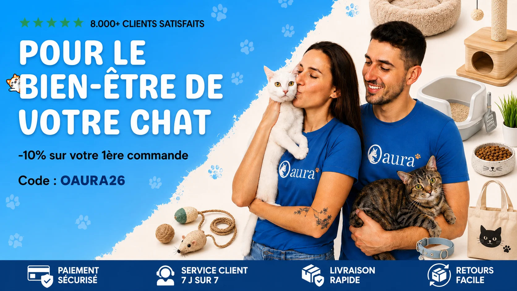 Bandeau d’accueil Oaura avec offre de bienvenue pour le bien-être du chat, accessoires et produits pour chats