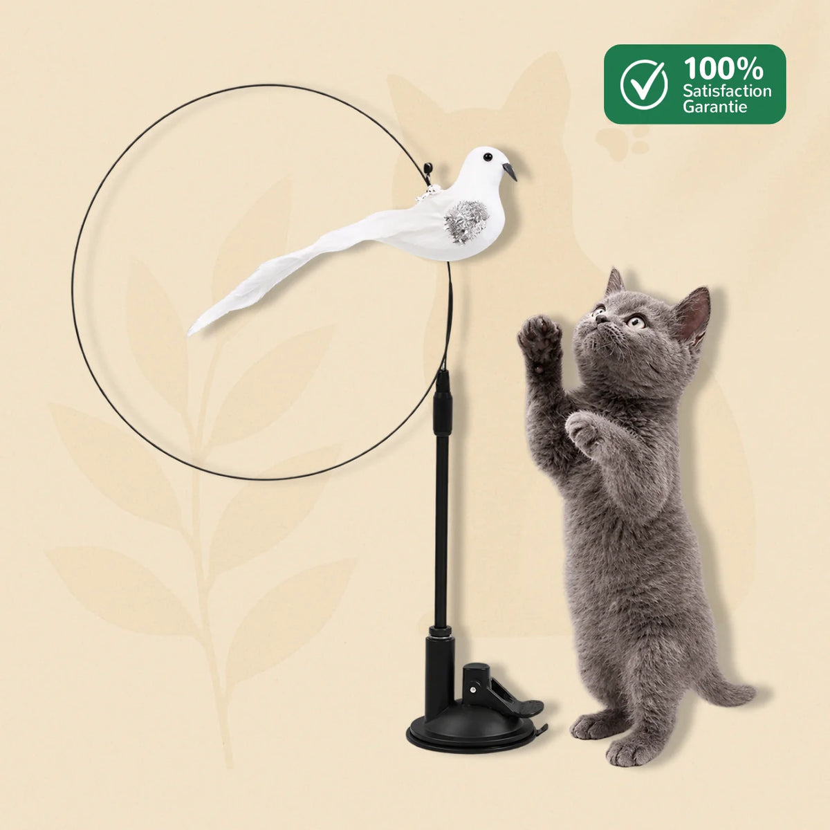Chat jouant avec le modèle blanc du jouet oiseau interactif BirdyFun fixé par ventouse