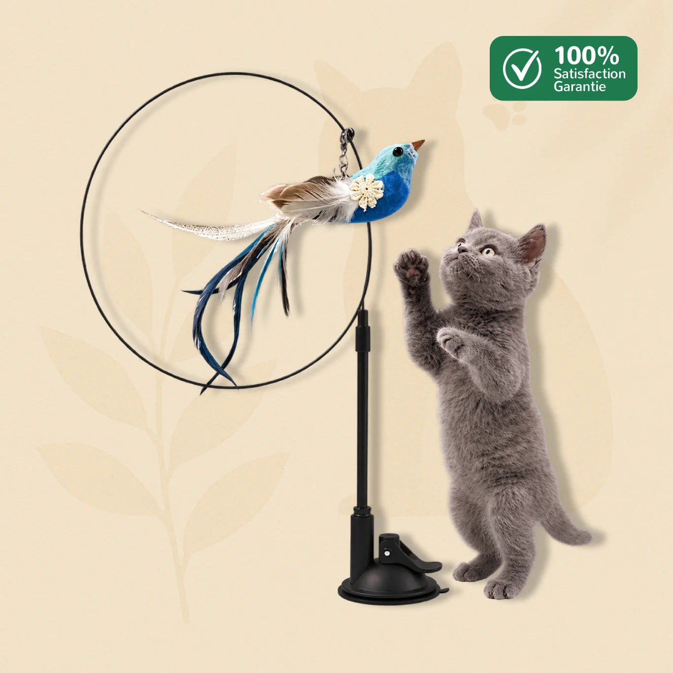 Chat essayant d’attraper le modèle bleu à plumes du jouet BirdyFun